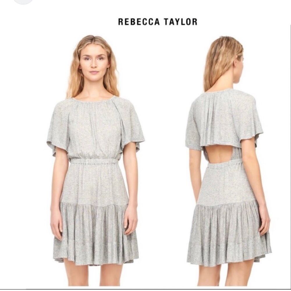 Rebecca Taylor NWT Dress L Gray Heather Rayon Linen Open Back Tiered Ruffle Mini